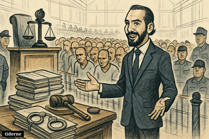 Caricature of Nayib Bukele presenting a huge courtroom case before hundreds of detained gang suspects, surrounded by legal symbols and heavy security.