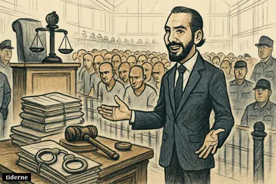 Caricature of Nayib Bukele presenting a huge courtroom case before hundreds of detained gang suspects, surrounded by legal symbols and heavy security.