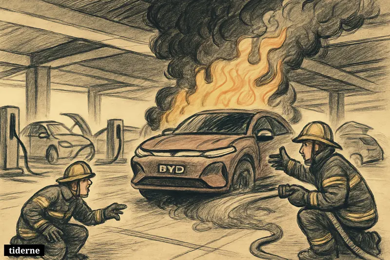 Firefighters confront a burning electric car in a parking garage filled with chargers, smoke, and nearby parked EVs at risk.