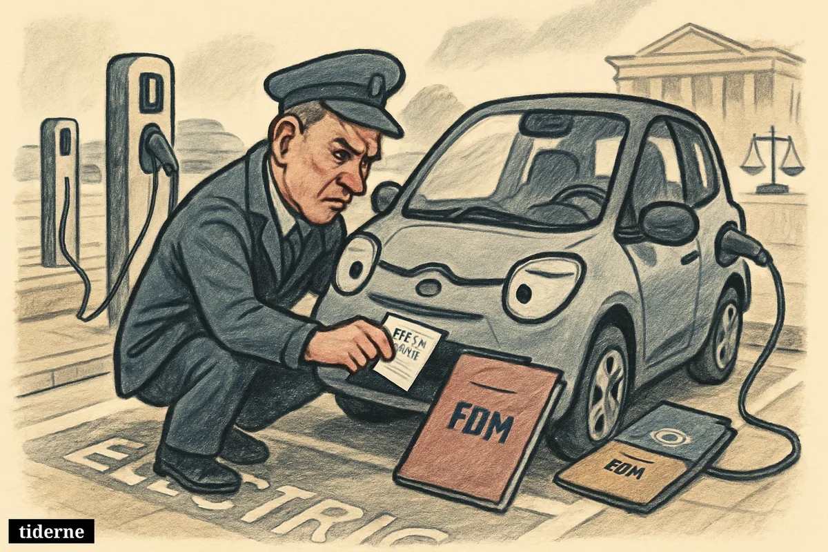 A worried electric car in a charging bay gets a parking ticket while its unplugged charger and legal symbols suggest a court-backed fine.