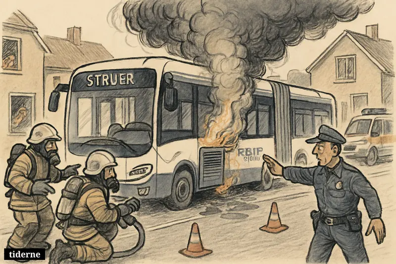 An electric bus spews toxic smoke as firefighters and police respond on a residential street with homes sealed shut nearby.