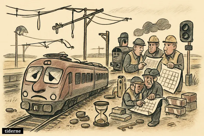 A stalled train beneath incomplete overhead wires, with rail workers, signal equipment, a diesel engine, and delay symbols on a Danish railway.