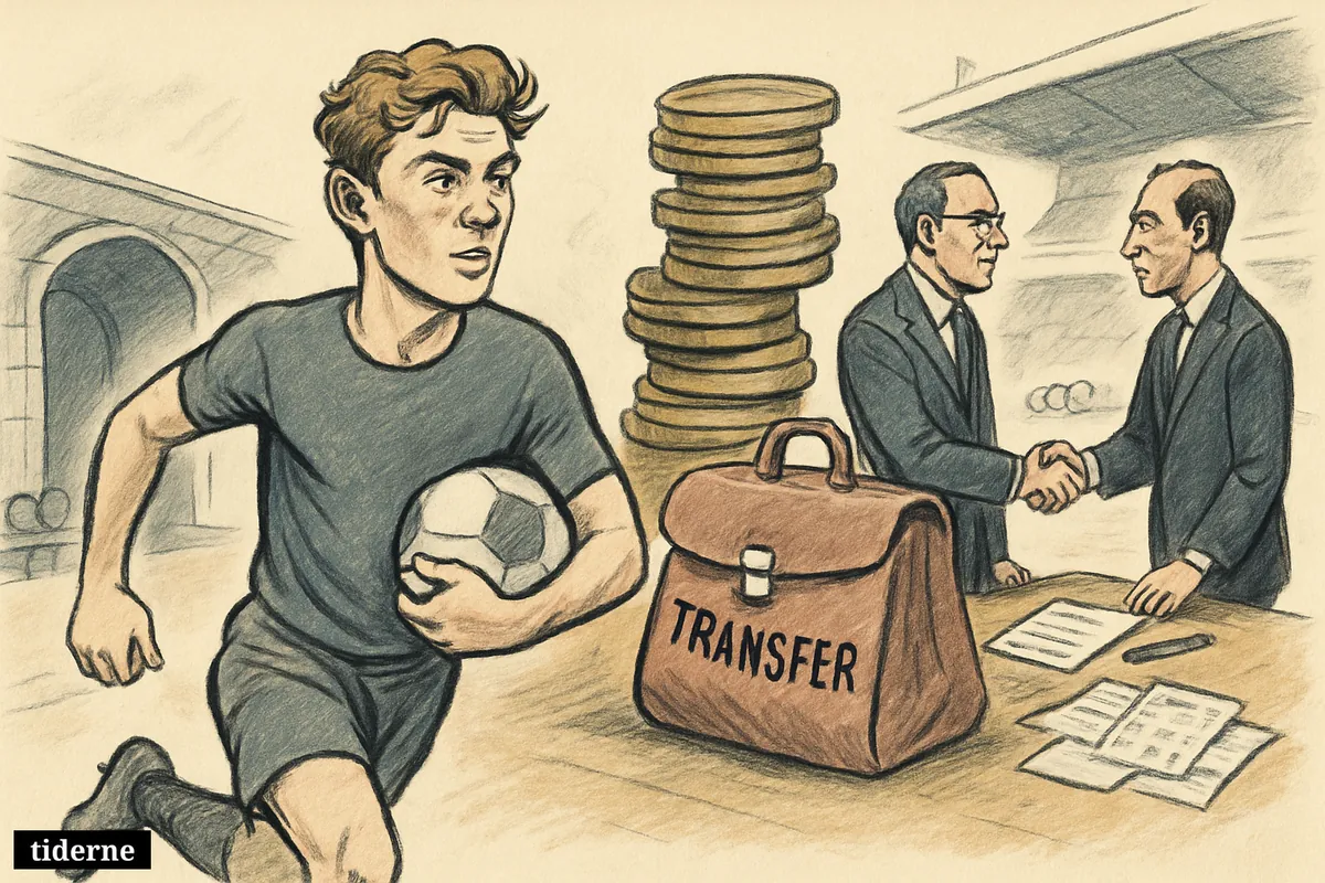 Elliot Anderson strides through a stadium tunnel as negotiators shake hands beside coins, a contract, and transfer props.
