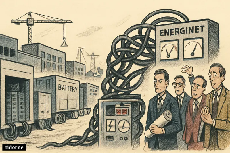 Caricature of a congested power grid blocking datacentres, battery parks, and frustrated investors waiting in a long queue.