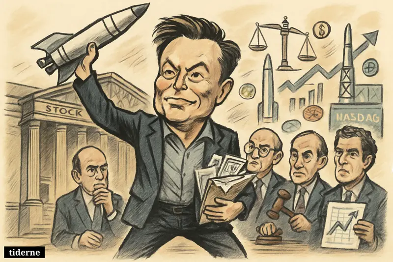 Elon Musk celebrates with a rocket outside a stock exchange while three professors watch amid finance and SpaceX symbols.
