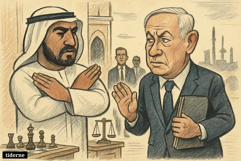 Benjamin Netanyahu is blocked by an Emirati official at a palace entrance, with tense diplomatic props and distant signs of regional conflict.