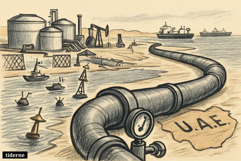 A large oil pipeline crosses desert to open sea, avoiding a dangerous narrow strait filled with threats and maritime tension.