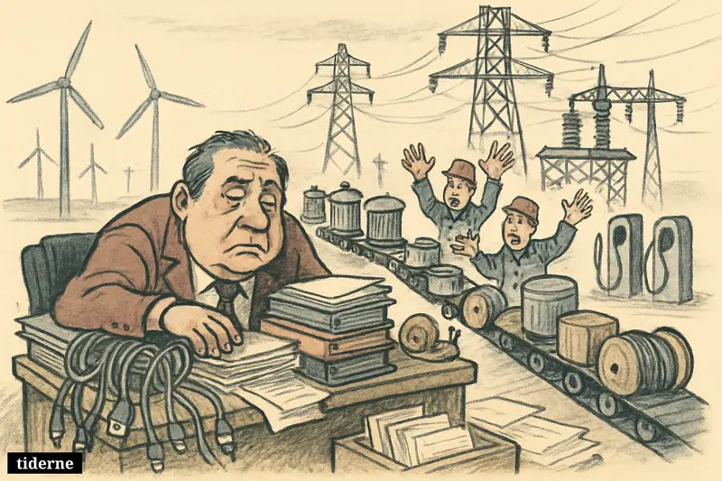 A caricature of a stalled grid expansion, with slow procurement piles blocking equipment, frustrated utility workers, and unfinished power infrastructure.