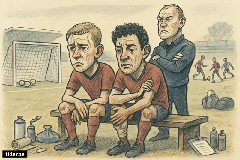 Two injured England players sit worried on a training-ground bench as a coach watches and a goal stands behind them.