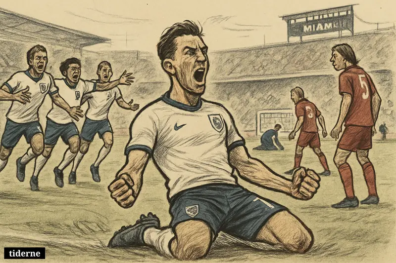 A jubilant England player knee-slides after scoring in extra time as teammates celebrate and Norway players react in disappointment. (AI-genereret illustration)