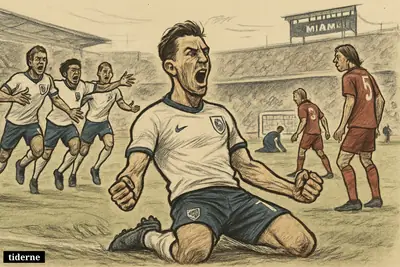 A jubilant England player knee-slides after scoring in extra time as teammates celebrate and Norway players react in disappointment. (AI-genereret illustration)