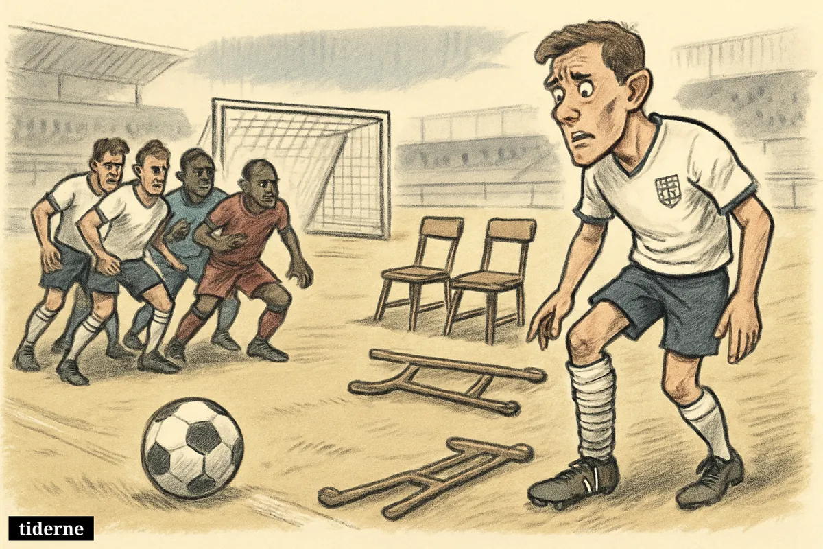 Caricature of England’s weakened right-back area, with an injured defender, looming goal, and DR Congo ready to exploit the flank.