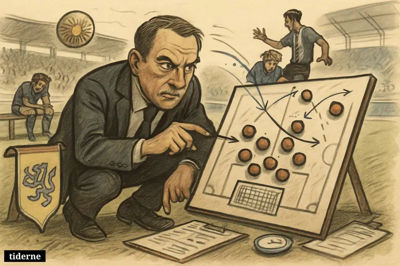 A caricature football semifinal scene with a defensive tactics board, analyst on the sideline, and Argentina challenging England in the air. (AI-genereret illustration)