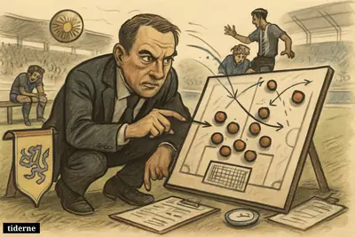 A caricature football semifinal scene with a defensive tactics board, analyst on the sideline, and Argentina challenging England in the air. (AI-genereret illustration)