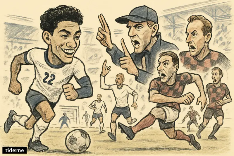 Jude Bellingham drives forward as Thomas Tuchel gestures urgently and Harry Kane shoots, with Croatian defenders scrambling on a World Cup pitch.
