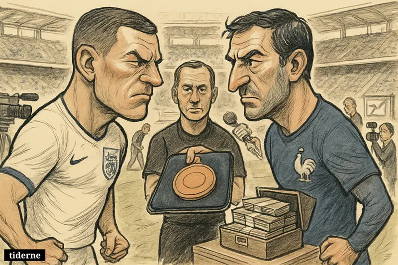 Two football captains representing England and France confront each other at midfield beside a bronze medal and cash prizes in a stadium. (AI-genereret illustration)