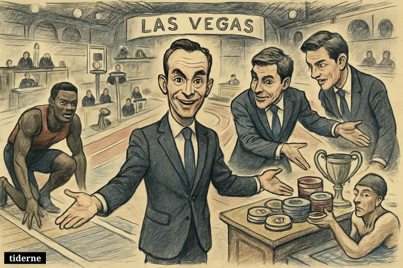 Four central figures in a Las Vegas sports arena with cash prizes, track, pool, weightlifting stage, and doping controversy symbols.