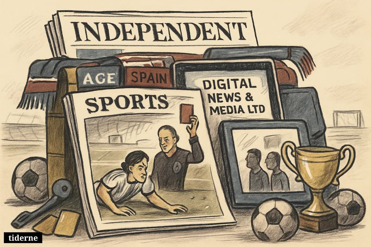 A caricature newsstand display shows a football red-card controversy, with sports pages, tablets, referee props, and Argentina-Spain match imagery. (AI-genereret illustration)