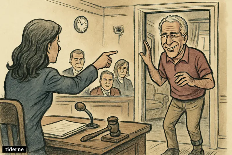Jeffrey Epstein with an ankle monitor in a mansion faces a pointing survivor and stern politicians during a hearing-inspired confrontation.