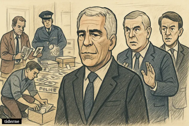 Caricature of Epstein, Andrew, and Mandelson surrounded by British police reopening abuse investigations with files, evidence boxes, and detectives.