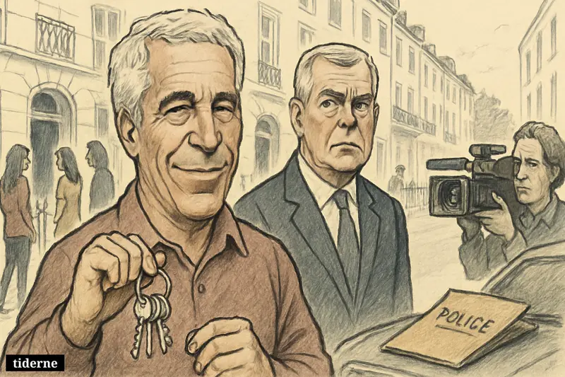 Caricature of Jeffrey Epstein with apartment keys and Prince Andrew on a London street outside upscale flats, watched by a TV camera crew.