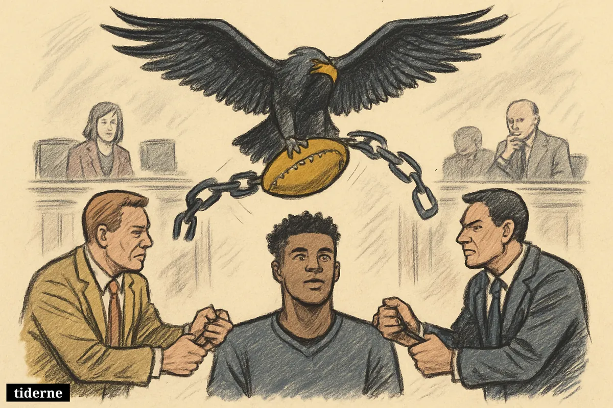 Dark black eagle gripping a glowing golden football above snapped metallic chains on a deep black background (AI-genereret illustration)