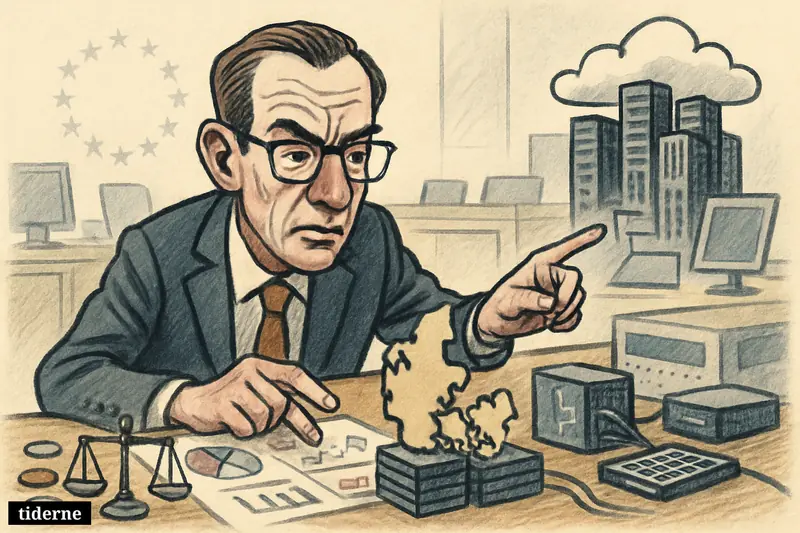 Caricature of economist Kim Abildgren studying charts as Denmark teeters on server blocks, with cloud infrastructure and Microsoft-themed technology behind him.