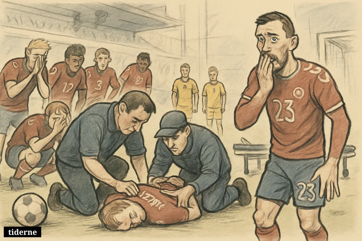 Christian Eriksen receives medical help on the pitch as Højbjerg and other players react with shock during a halted match.