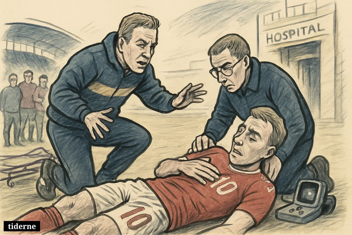 Christian Eriksen lies collapsed by a football pitch as Brian Riemer and medical staff rush to help, with hospital elements behind them.