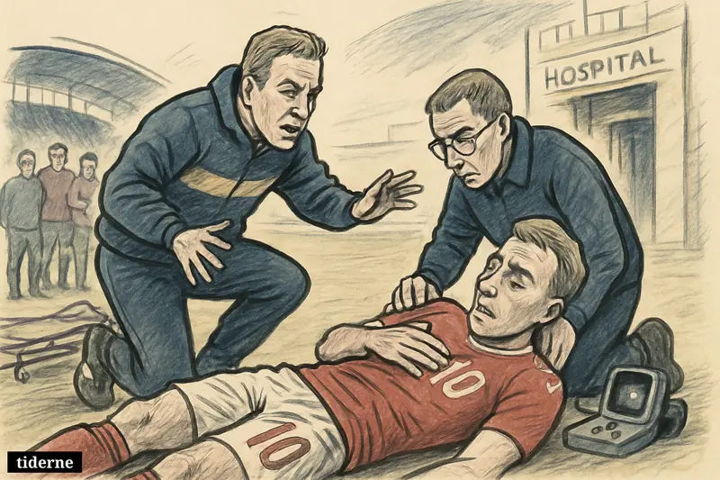Christian Eriksen lies collapsed by a football pitch as Brian Riemer and medical staff rush to help, with hospital elements behind them.