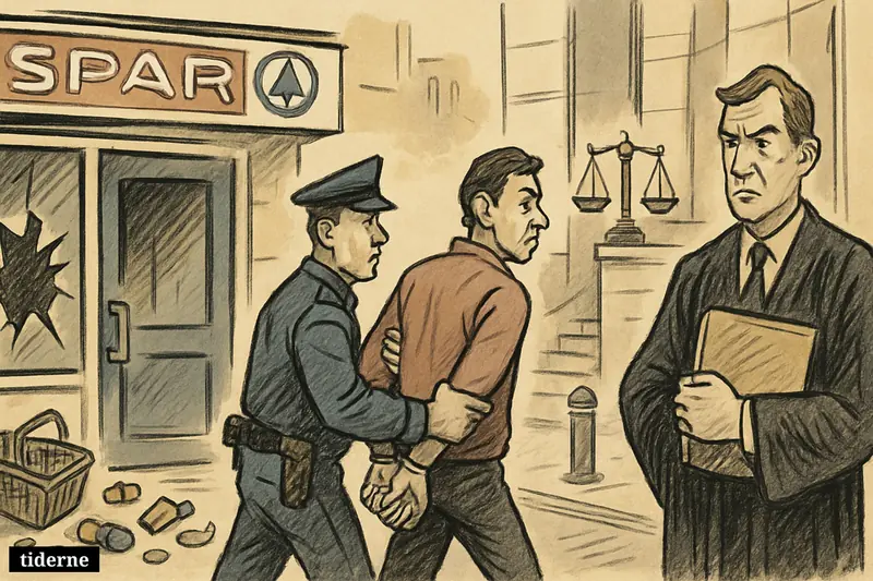 A SPAR storefront with robbery damage as police escort a handcuffed suspect toward a courthouse, with legal symbols near the entrance. (AI-genereret illustration)