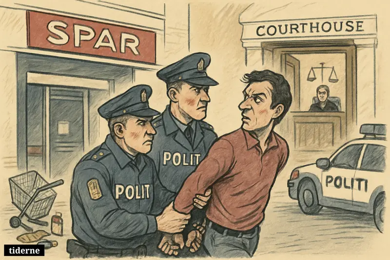 Police escort a handcuffed man from a SPAR store area toward a courthouse, with legal symbols and robbery clues in the scene. (AI-genereret illustration)