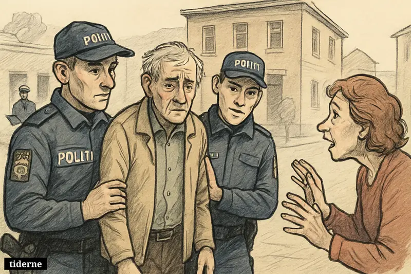 Police officers escort a tired older man to a relieved relative outside a police station, with a parked patrol car nearby.