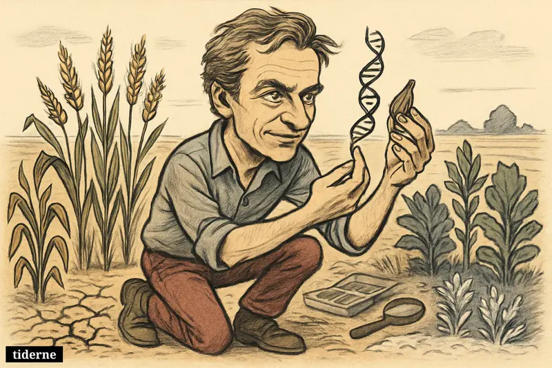 Caricature of Eske Willerslev kneeling in a field, comparing ancient plant DNA and seeds among stressed and resilient crops.