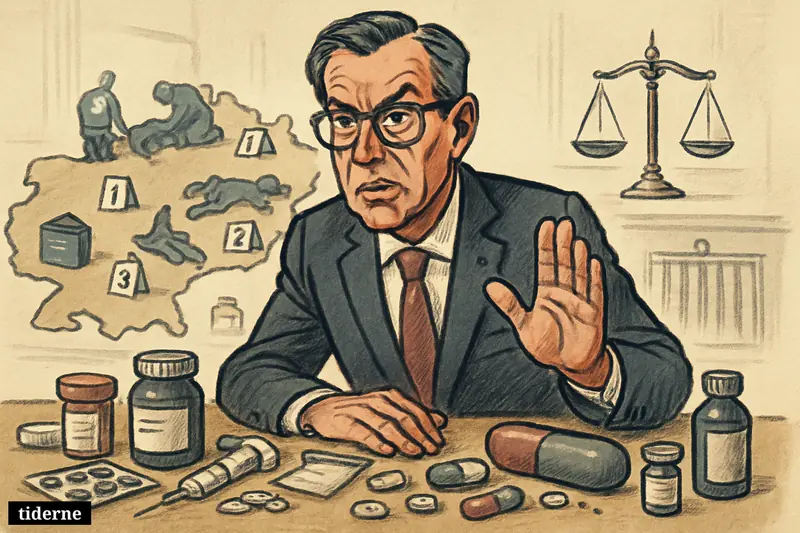 Caricature of Magnus Brunner warning over a table of drugs, with Europe-shaped overdose and emergency symbols behind him.