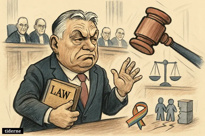 Viktor Orbán recoils in a courtroom as EU judges rule against a law, while symbols of LGBT+ inclusion appear nearby.