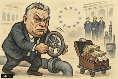 Caricature of Viktor Orbán losing grip on an oil pipeline valve as an EU-backed Ukraine loan briefcase rolls past him.