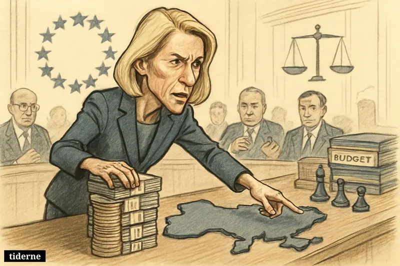 Kaja Kallas leans over a council table, presenting a huge loan package toward a map of Ukraine as EU officials watch.