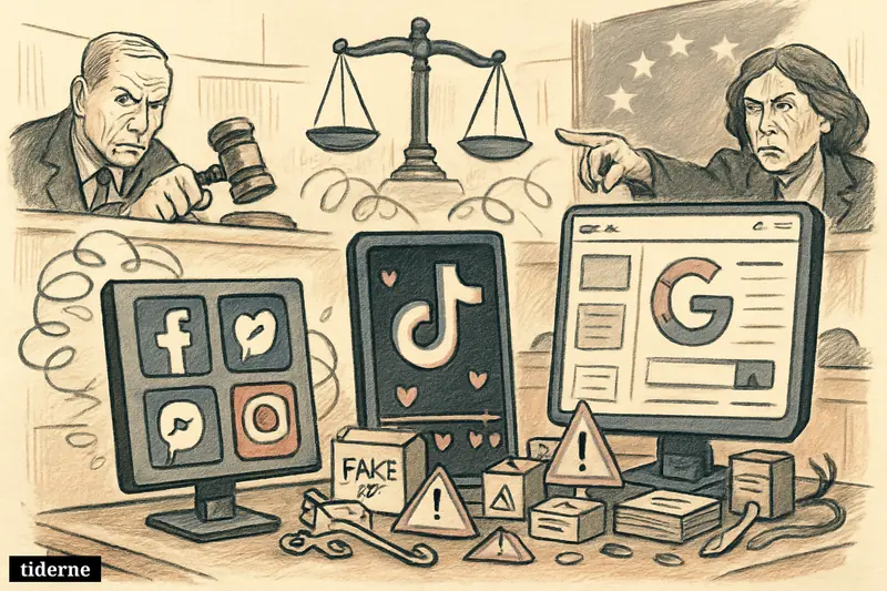 Caricature of Meta, TikTok, and Google facing an EU-style hearing table surrounded by scam-ad props, warning symbols, and justice imagery.