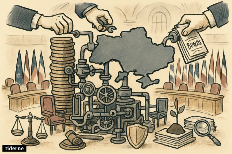 A complex loan machine of coins, bond papers, and gears points toward a Ukraine map inside a European council chamber.