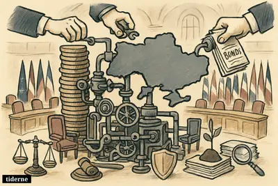 A complex loan machine of coins, bond papers, and gears points toward a Ukraine map inside a European council chamber.