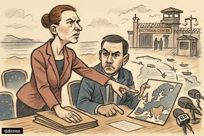 Mette Frederiksen and Rasmus Stoklund at a negotiation table, pointing toward an offshore deportation center beyond Europe with EU and media symbols nearby.