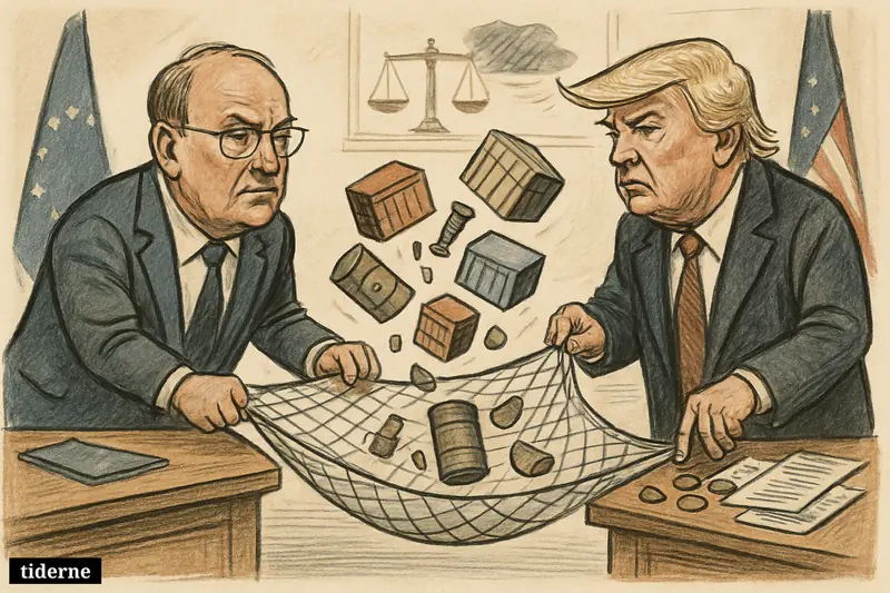 Bernd Lange and Donald Trump face off over a stretched safety net catching trade goods in a tense transatlantic negotiation room.