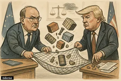 Bernd Lange and Donald Trump face off over a stretched safety net catching trade goods in a tense transatlantic negotiation room.