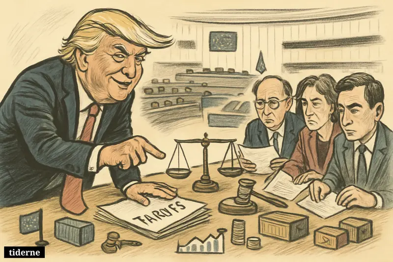 Donald Trump caricature leads a tense trade negotiation with EU officials at a parliamentary table surrounded by tariff papers, scales, charts, and cargo props.