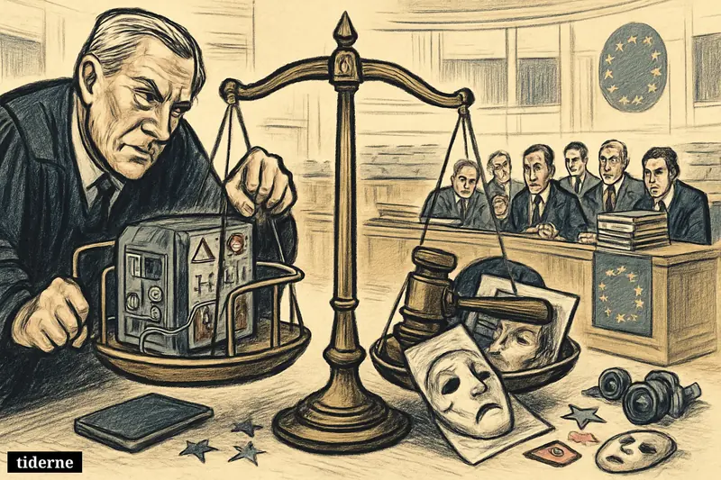 A caricature of EU lawmakers and a regulator balancing delayed AI rules against a crackdown on abusive deepfake imagery in parliament.