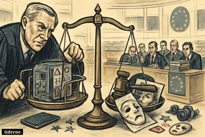A caricature of EU lawmakers and a regulator balancing delayed AI rules against a crackdown on abusive deepfake imagery in parliament.