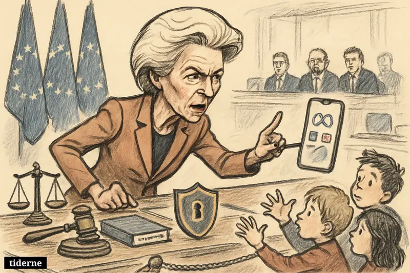Caricature of Ursula von der Leyen blocking children from a smartphone in an EU meeting room with regulation symbols and social media props.