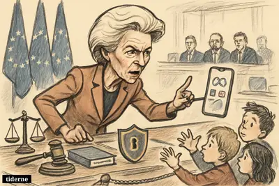 Caricature of Ursula von der Leyen blocking children from a smartphone in an EU meeting room with regulation symbols and social media props.