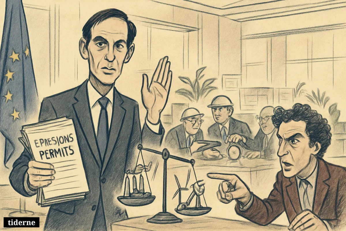 Wopke Hoekstra presents emissions permits as Michael Bloss challenges him in an EU chamber filled with industry and green transition symbols. (AI-genereret illustration)